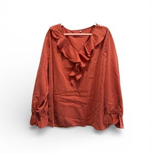 Rust Ruffle V-Neck Long Sleeve Blouse | Flowy Boho Top, XXL
